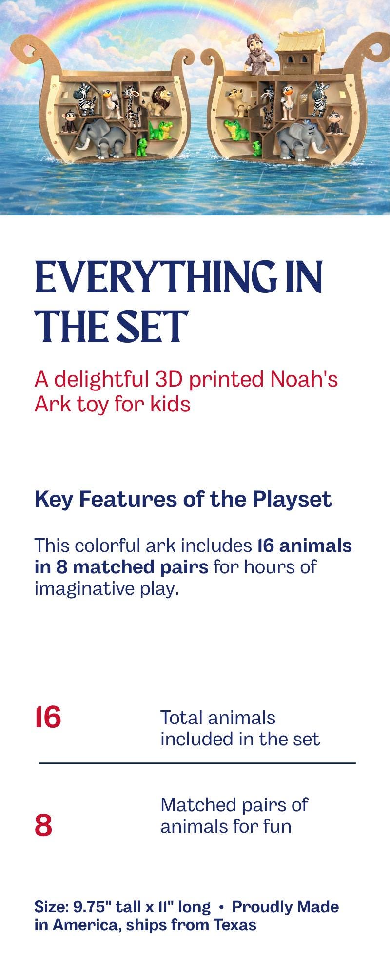 Noah's Ark Toy Set with Animals | 3D Printed Bible Playset for Kids | Christian Baptism Gift, Sunday School Toy, Interactive Faith Toy