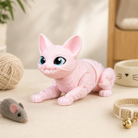 Articulated Sphynx Cat Fidget Toy, Flexi 3D Printed Cat with 2 Interchangeable Heads, Desk Pet Gift for Cat Lovers