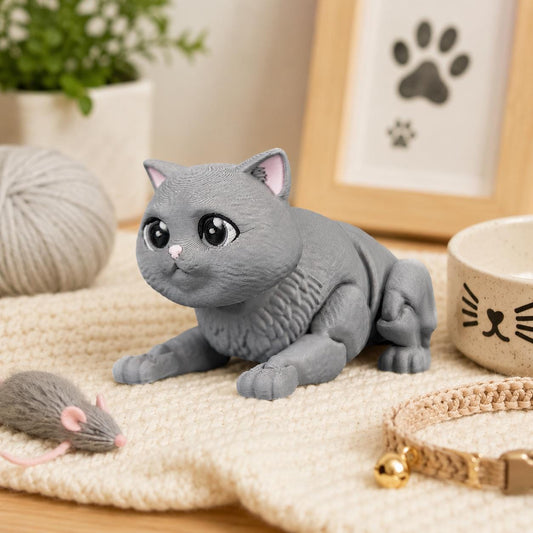 Articulated British Shorthair Cat Fidget Toy, Flexi 3D Printed Cat with 2 Interchangeable Heads, Desk Pet Gift for Cat L