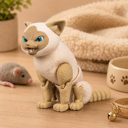 Articulated Siamese Cat Fidget Toy, Flexi 3D Printed Cat with 2 Interchangeable Heads, Desk Pet Gift for Cat Lovers