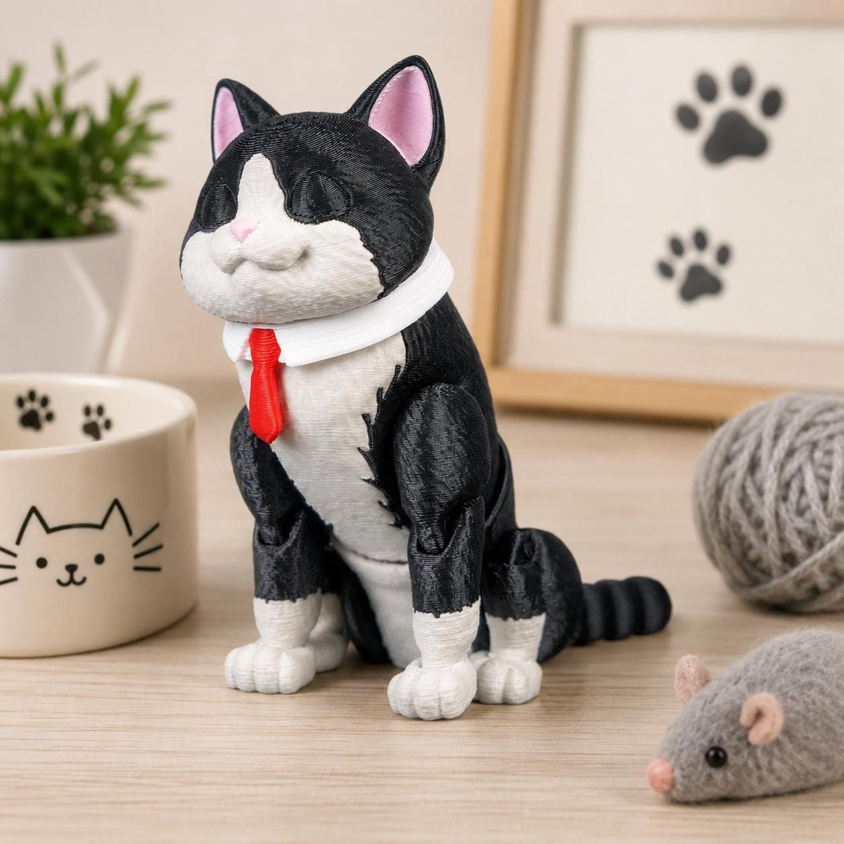 Articulated Tuxedo Cat Fidget Toy, Flexi 3D Printed Black and White Cat with 2 Heads, Desk Pet Gift for Cat Lovers