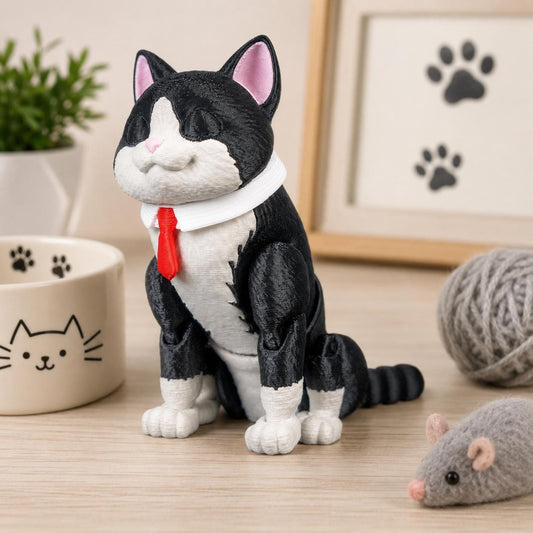 Articulated Tuxedo Cat Fidget Toy, Flexi 3D Printed Black and White Cat with 2 Heads, Desk Pet Gift for Cat Lovers