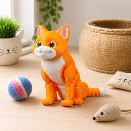Articulated Tabby Cat Fidget Toy, Flexi 3D Printed Striped Cat with 2 Interchangeable Heads, Desk Pet Gift for Cat Lover
