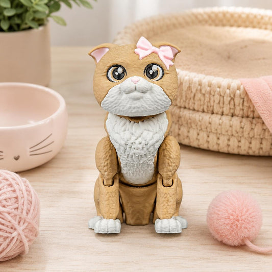 Articulated Scottish Fold Cat Fidget Toy, Flexi 3D Printed Folded Ear Cat with 2 Heads, Desk Pet Gift for Cat Lovers