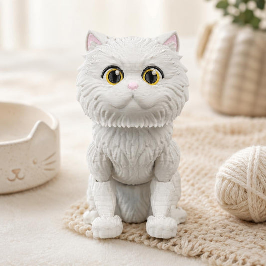 Articulated Persian Cat Fidget Toy, Flexi 3D Printed Fluffy Cat with 2 Interchangeable Heads, Desk Pet Gift for Cat Love