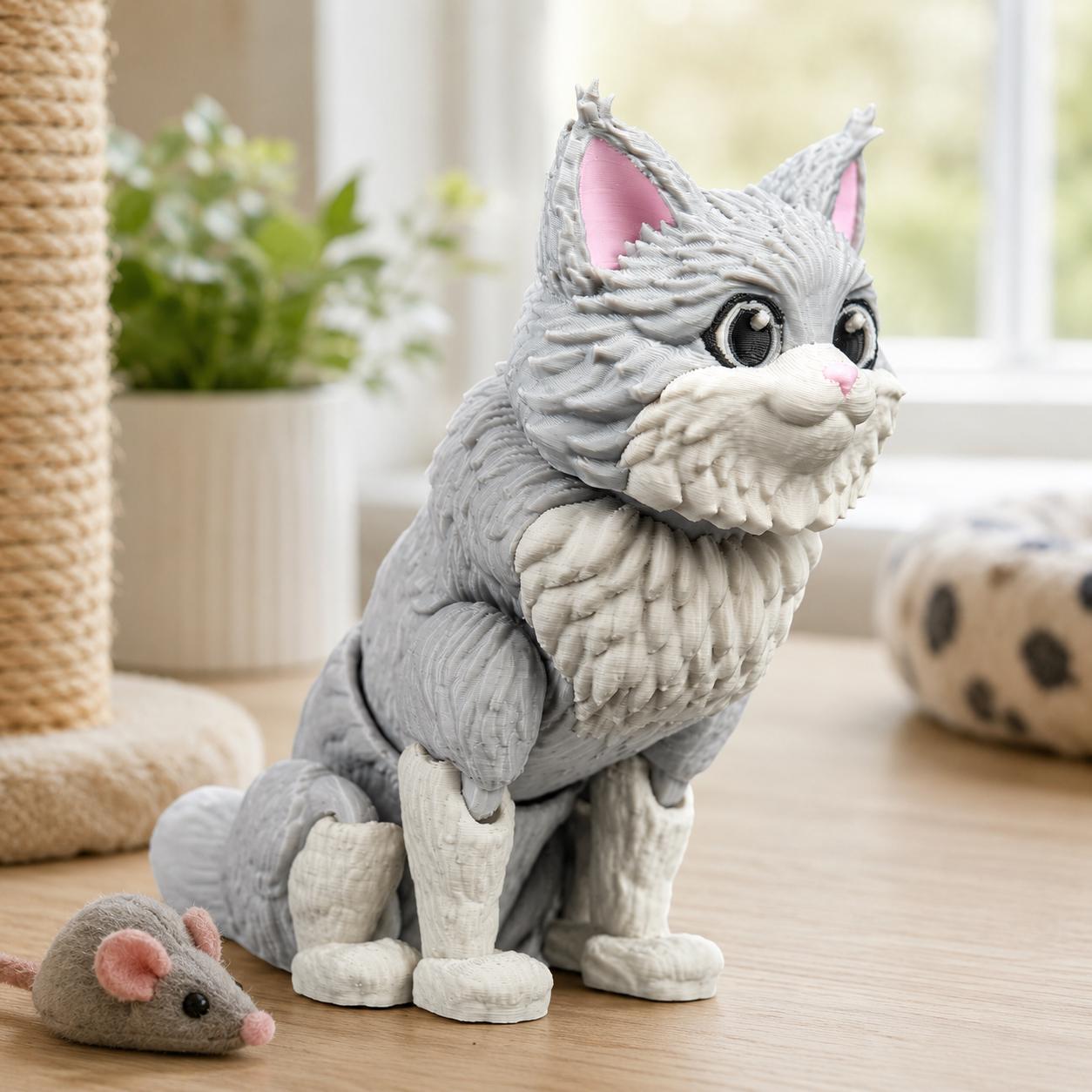 Articulated Persian Cat Fidget Toy, Flexi 3D Printed Fluffy Cat with 2 Interchangeable Heads, Desk Pet Gift for Cat Love