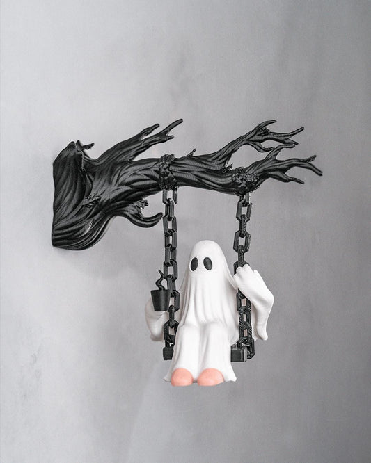 Ghost on a Swing, Colorful Halloween Decor, Spooky Party Decoration, Whimsical Seasonal Display, Haunted House Accent, F